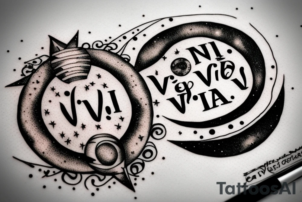 In typewriter font, quote "veni, vidi, vici" with stars and planets surrounding it tattoo idea