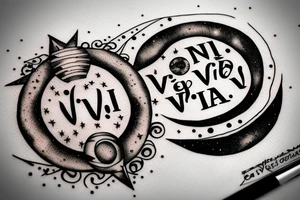 In typewriter font, quote "veni, vidi, vici" with stars and planets surrounding it tattoo idea