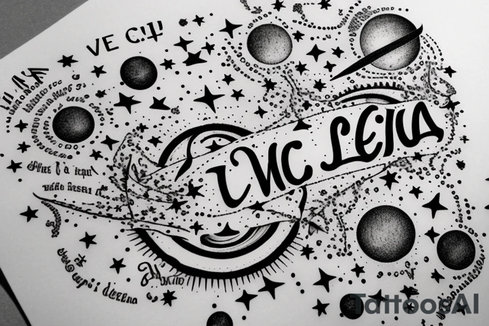 In typewriter font, quote "veni, vidi, vici" with stars and planets surrounding it tattoo idea