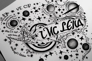 In typewriter font, quote "veni, vidi, vici" with stars and planets surrounding it tattoo idea