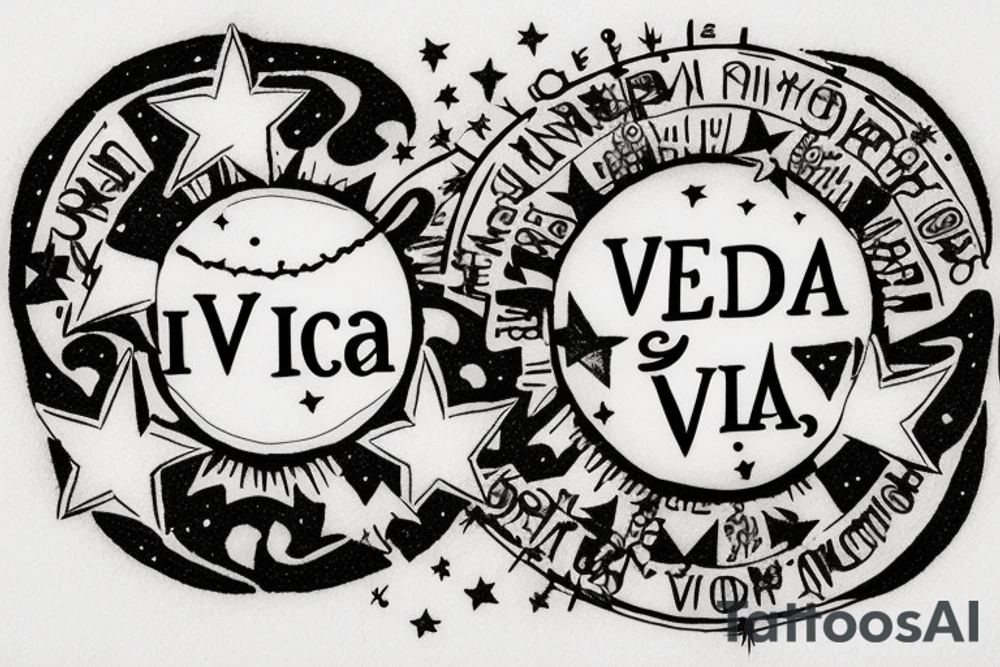 In typewriter font, quote "veni, vidi, vici" with stars and planets surrounding it tattoo idea