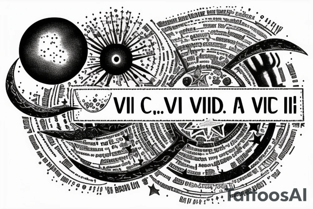 In typewriter font, quote "veni, vidi, vici" with stars and planets surrounding it tattoo idea