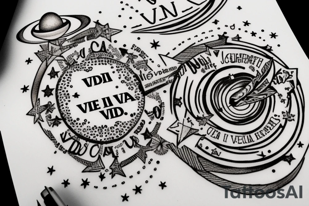 In typewriter font, quote "veni, vidi, vici" with stars and planets surrounding it tattoo idea