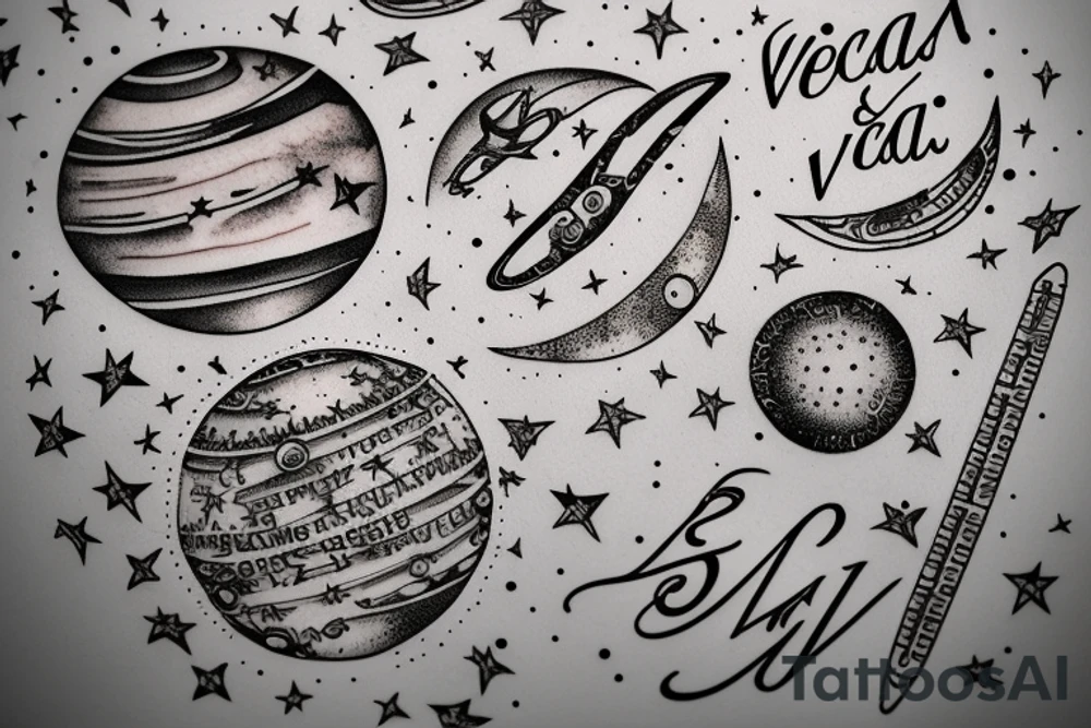 In typewriter font, quote "veni, vidi, vici" with stars and planets surrounding it tattoo idea
