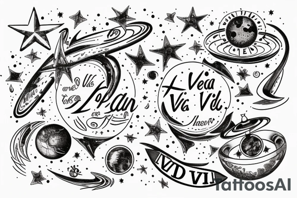 In typewriter font, quote "veni, vidi, vici" with stars and planets surrounding it tattoo idea
