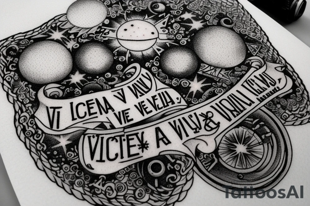 In typewriter font, quote "veni, vidi, vici" with stars and planets surrounding it tattoo idea