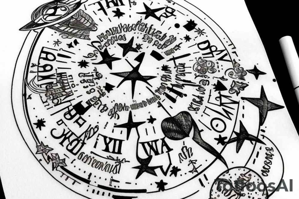 In typewriter font, quote "veni, vidi, vici" with stars and planets surrounding it tattoo idea