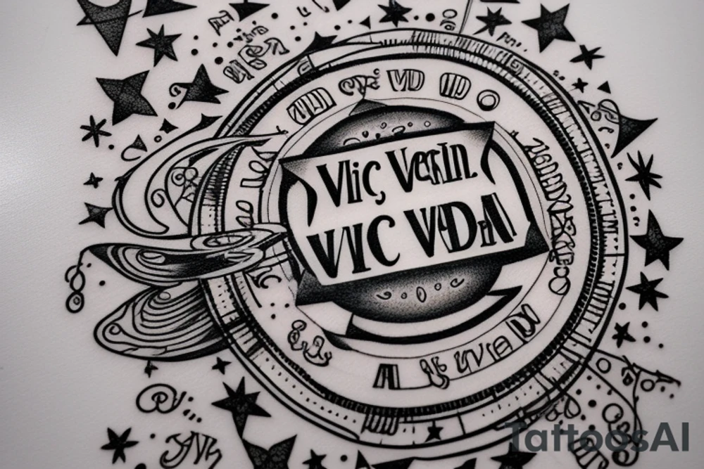 In typewriter font, quote "veni, vidi, vici" with stars and planets surrounding it tattoo idea