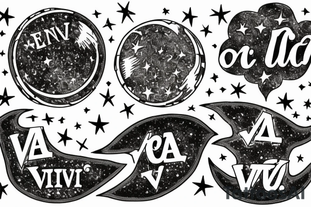 In typewriter font, quote "veni, vidi, vici" with stars and planets surrounding it tattoo idea