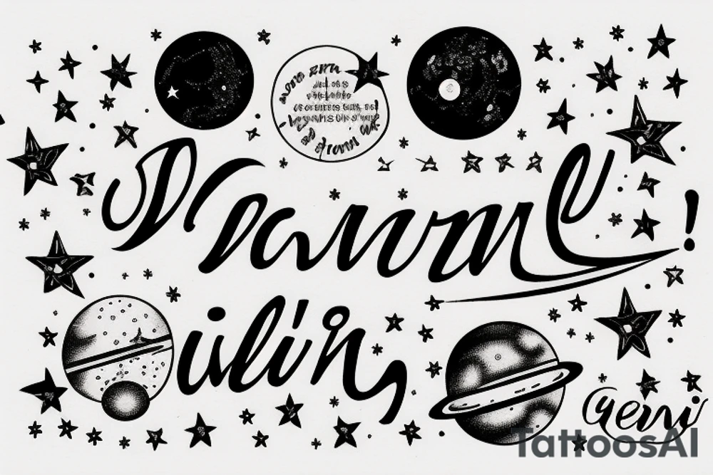 In typewriter font, quote "veni, vidi, vici" with stars and planets surrounding it tattoo idea
