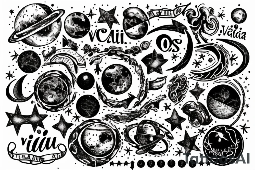 In typewriter font, quote "veni, vidi, vici" with stars and planets surrounding it tattoo idea