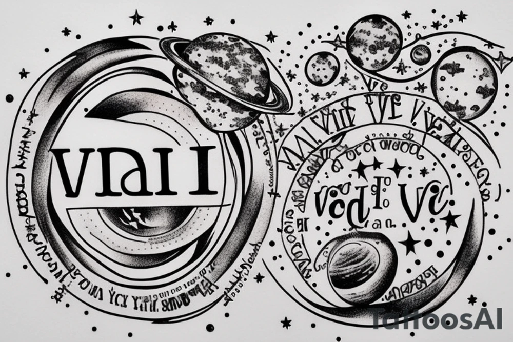 In typewriter font, quote "veni, vidi, vici" with stars and planets surrounding it tattoo idea