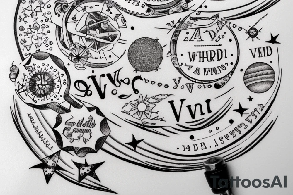 In typewriter font, quote "veni, vidi, vici" with stars and planets surrounding it tattoo idea