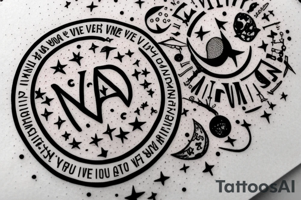 In typewriter font, quote "veni, vidi, vici" with stars and planets surrounding it tattoo idea