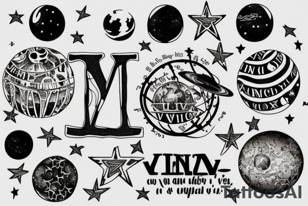 In typewriter font, quote "veni, vidi, vici" with stars and planets surrounding it tattoo idea