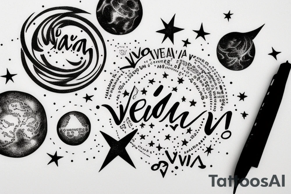 In typewriter font, quote "veni, vidi, vici" with stars and planets surrounding it tattoo idea