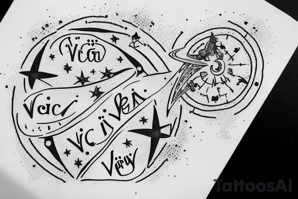 In typewriter font, quote "veni, vidi, vici" with stars and planets surrounding it tattoo idea