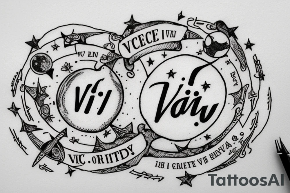 In typewriter font, quote "veni, vidi, vici" with stars and planets surrounding it tattoo idea