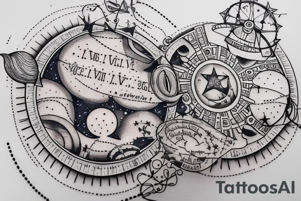 In typewriter font, quote "veni, vidi, vici" with stars and planets surrounding it tattoo idea