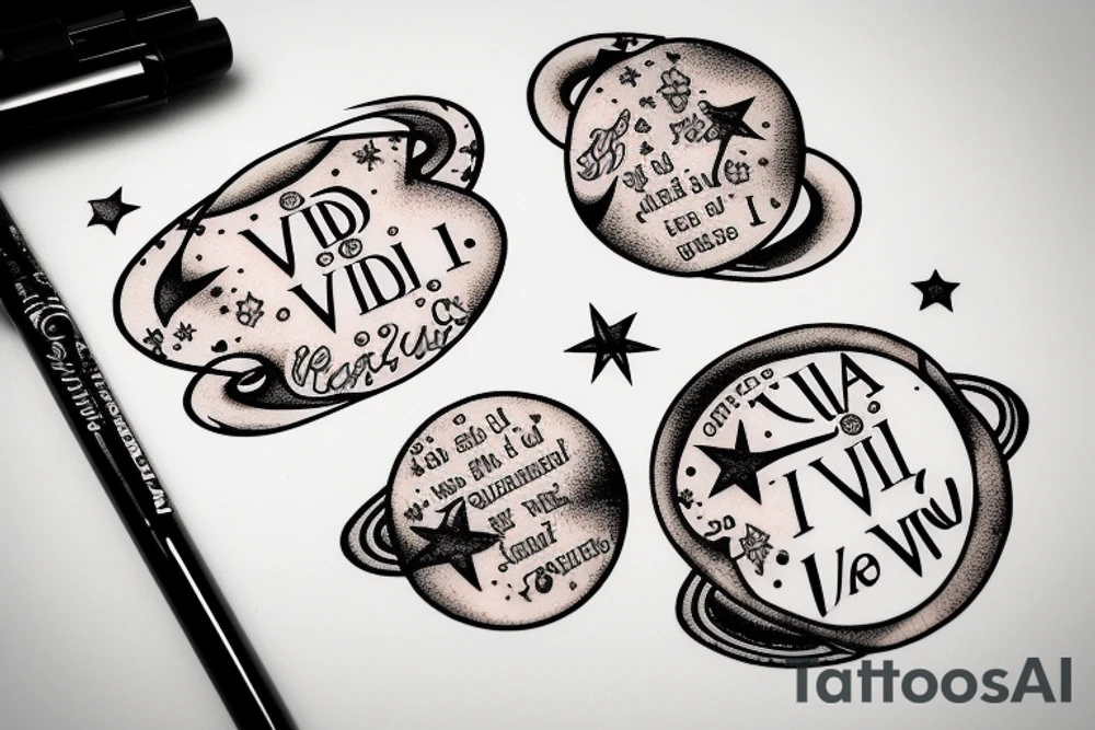 In typewriter font, quote "veni, vidi, vici" with stars and planets surrounding it tattoo idea