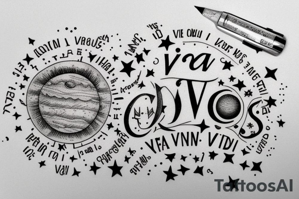In typewriter font, quote "veni, vidi, vici" with stars and planets surrounding it tattoo idea