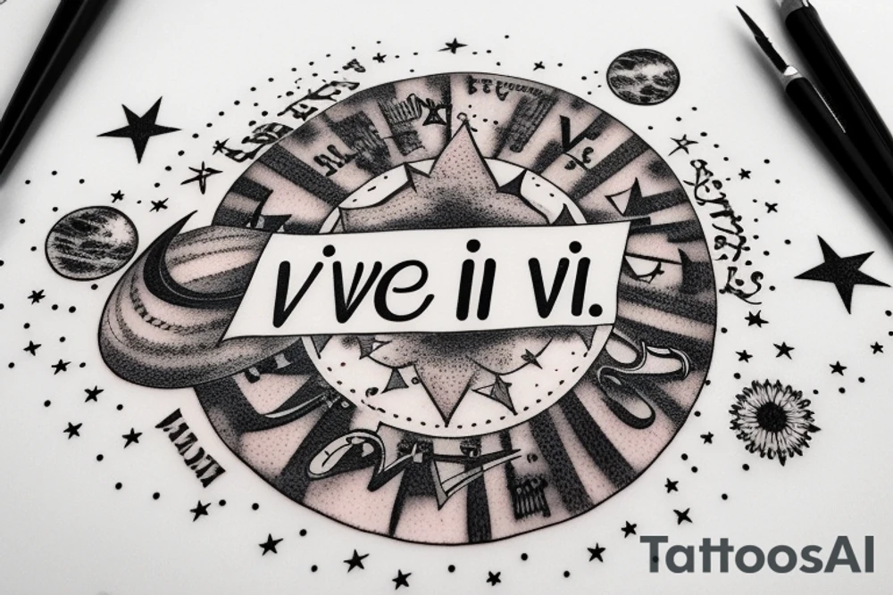 In typewriter font, quote "veni, vidi, vici" with stars and planets surrounding it tattoo idea