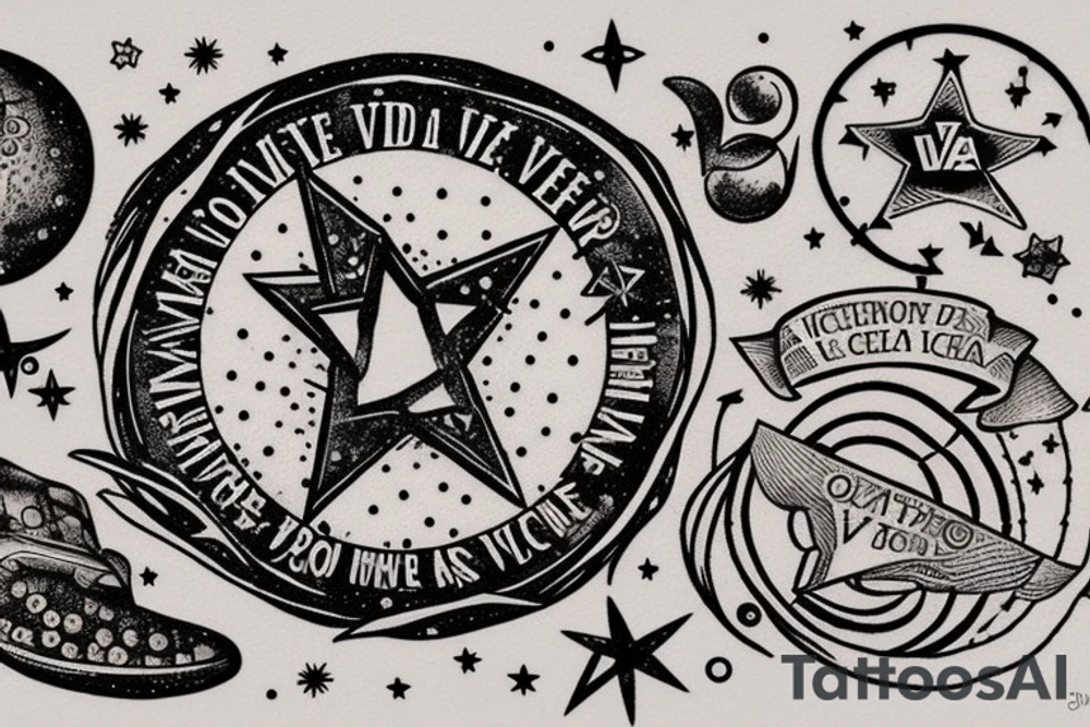 In typewriter font, quote "veni, vidi, vici" with stars and planets surrounding it tattoo idea