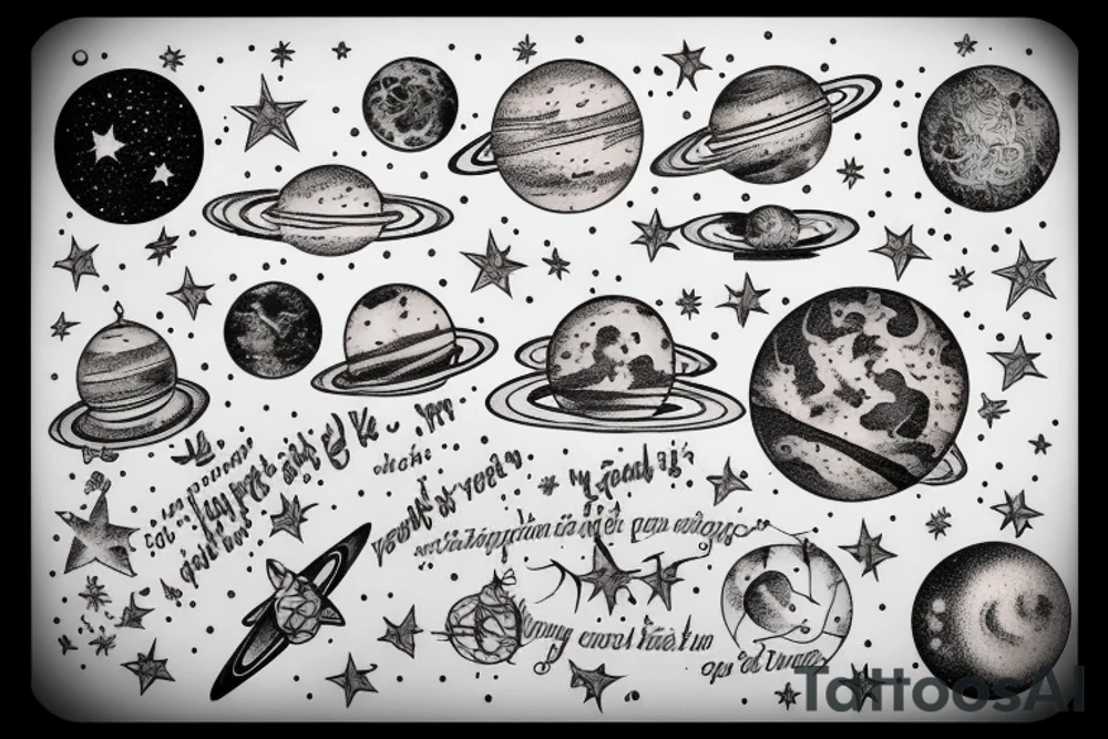 In typewriter font, quote "veni, vidi, vici" with stars and planets surrounding it tattoo idea