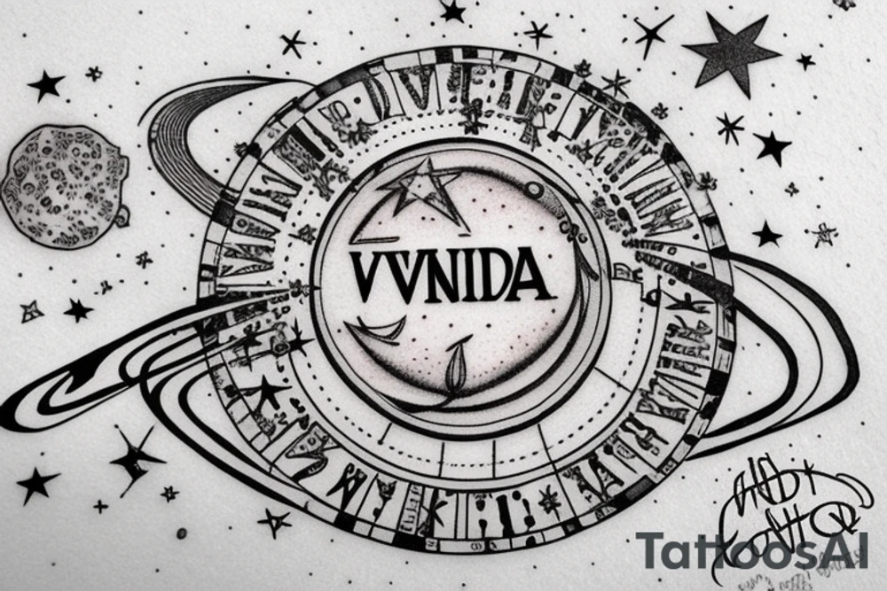 In typewriter font, quote "veni, vidi, vici" with stars and planets surrounding it tattoo idea