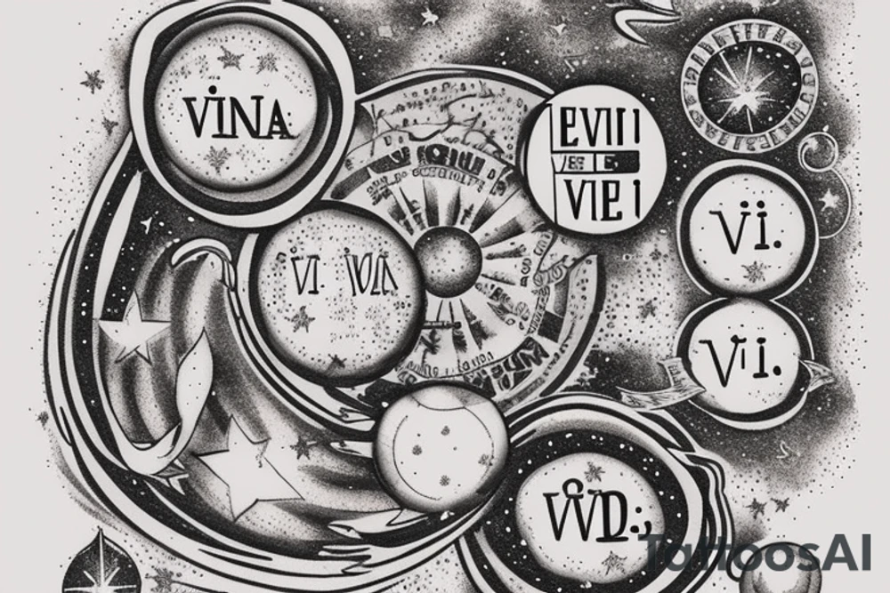 In typewriter font, quote "veni, vidi, vici" with stars and planets surrounding it tattoo idea