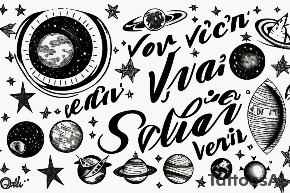 In typewriter font, quote "veni, vidi, vici" with stars and planets surrounding it tattoo idea