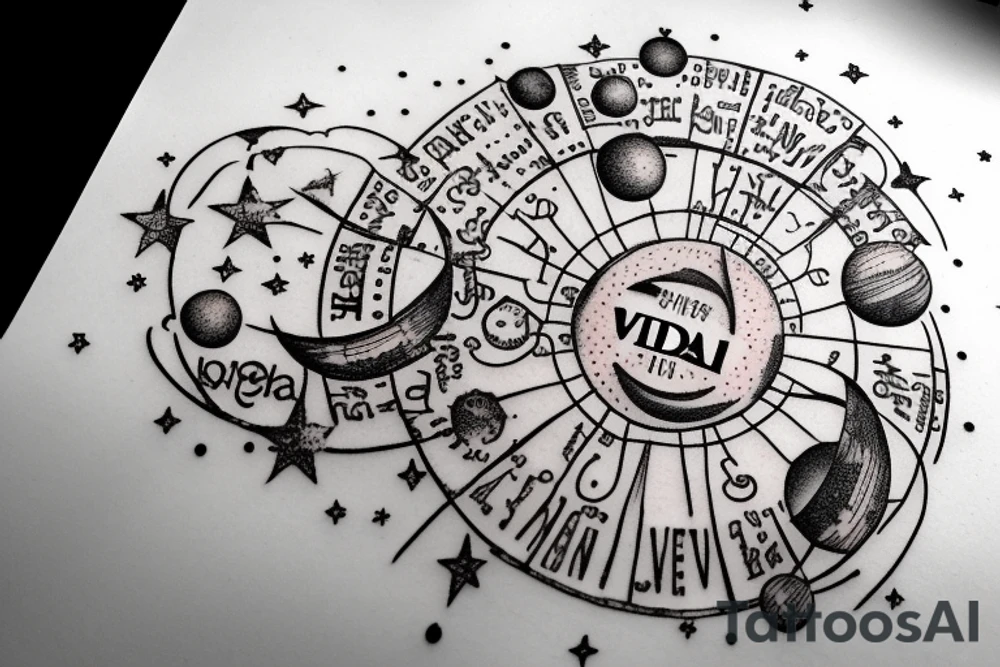 In typewriter font, quote "veni, vidi, vici" with stars and planets surrounding it tattoo idea