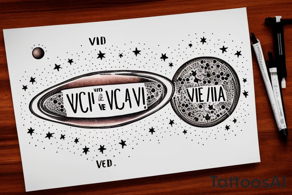 In typewriter font, quote "veni, vidi, vici" with stars and planets surrounding it tattoo idea