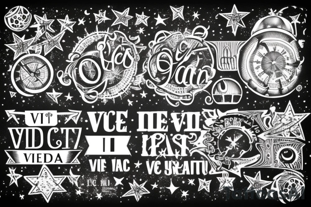 In typewriter font, quote "veni, vidi, vici" with stars and planets surrounding it tattoo idea