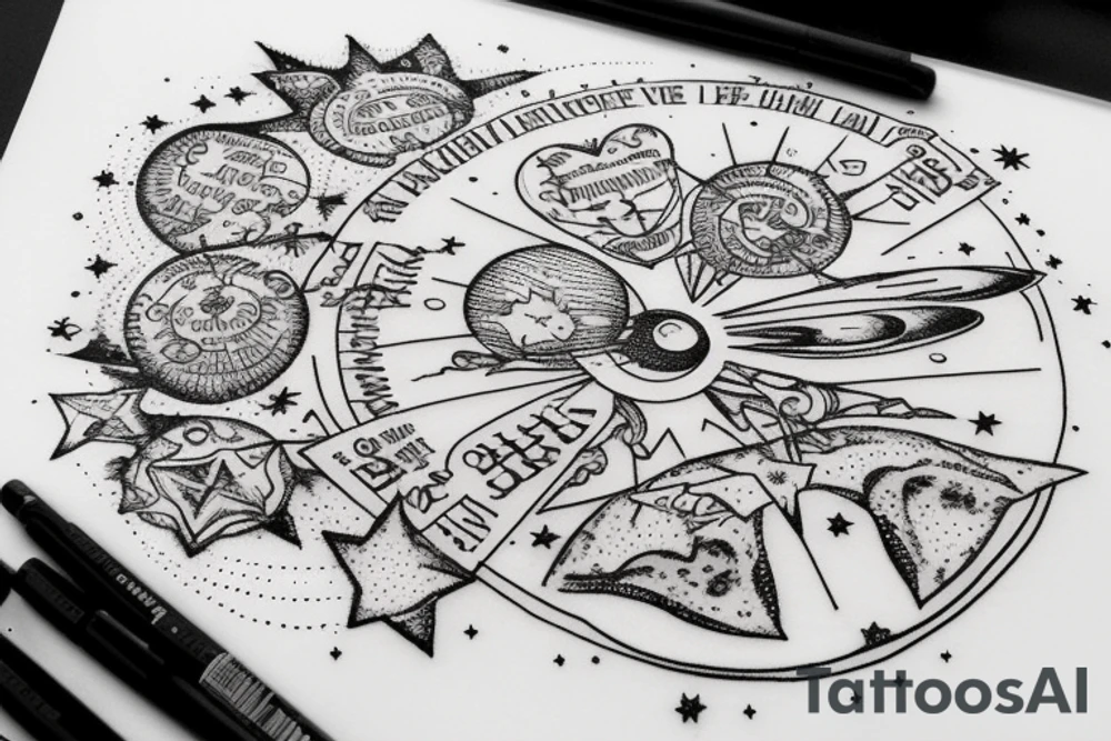 In typewriter font, quote "veni, vidi, vici" with stars and planets surrounding it tattoo idea