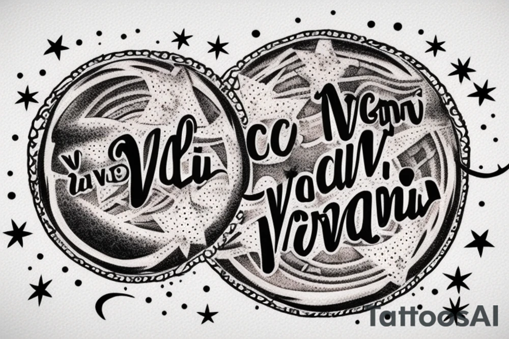 In typewriter font, quote "veni, vidi, vici" with stars and planets surrounding it tattoo idea