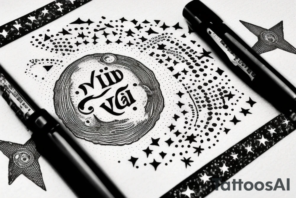In typewriter font, quote "veni, vidi, vici" with stars and planets surrounding it tattoo idea