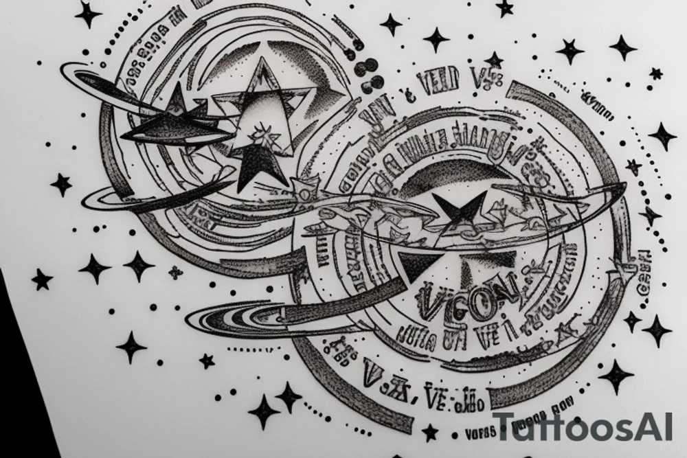 In typewriter font, quote "veni, vidi, vici" with stars and planets surrounding it tattoo idea