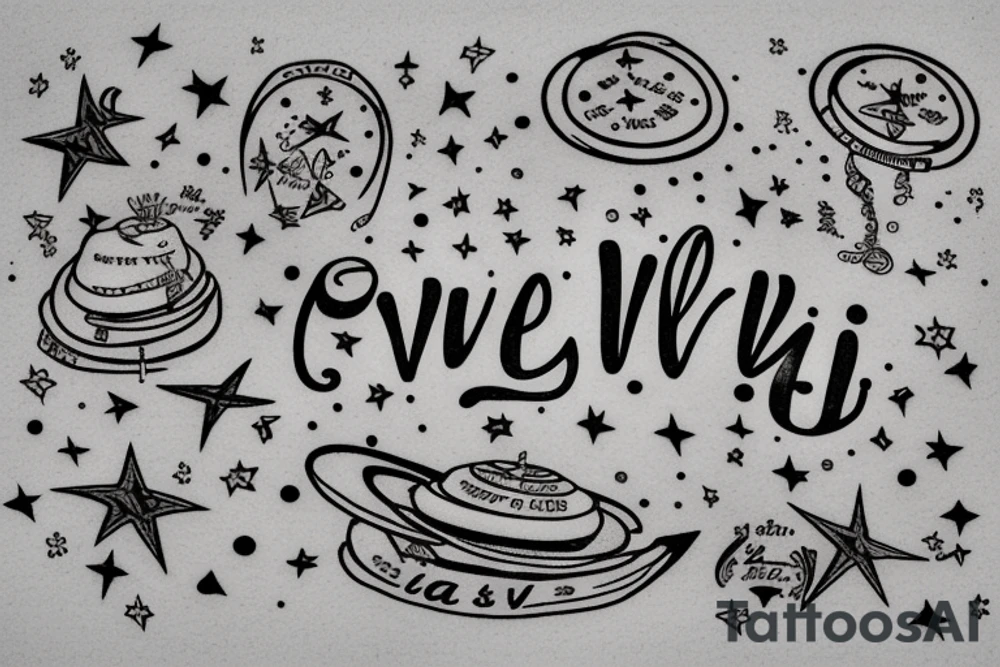 In typewriter font, quote "veni, vidi, vici" with stars and planets surrounding it tattoo idea