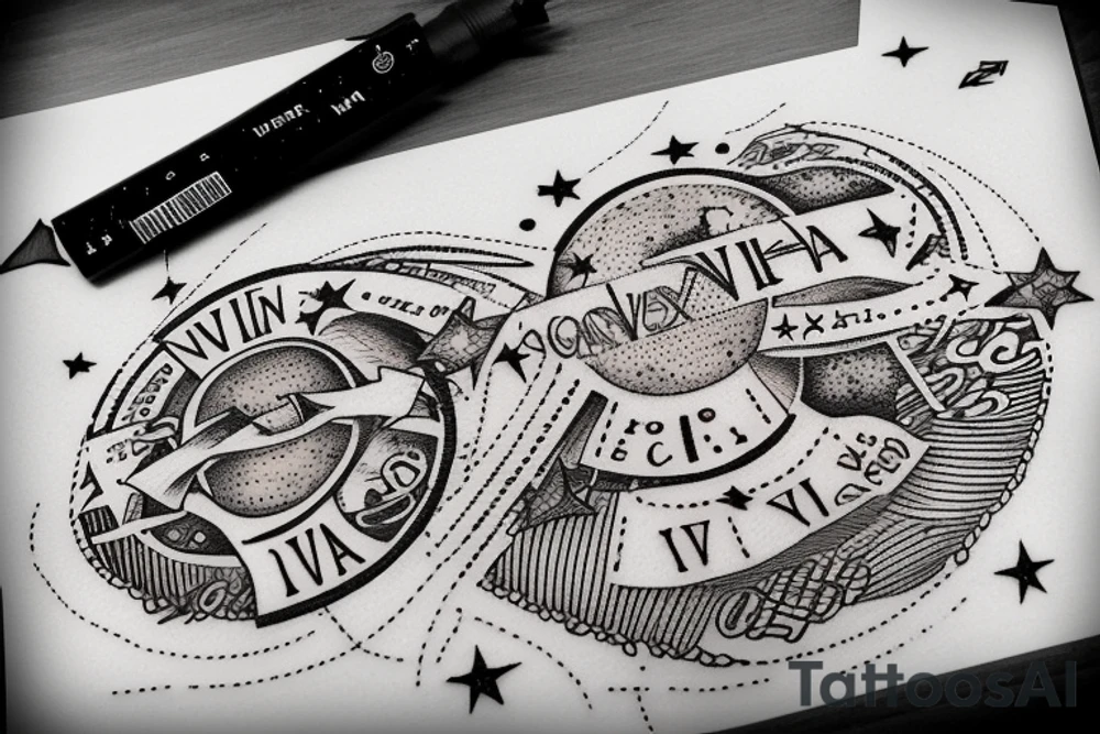 In typewriter font, quote "veni, vidi, vici" with stars and planets surrounding it tattoo idea