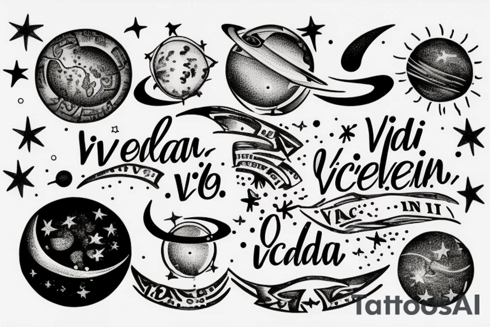In typewriter font, quote "veni, vidi, vici" with stars and planets surrounding it tattoo idea