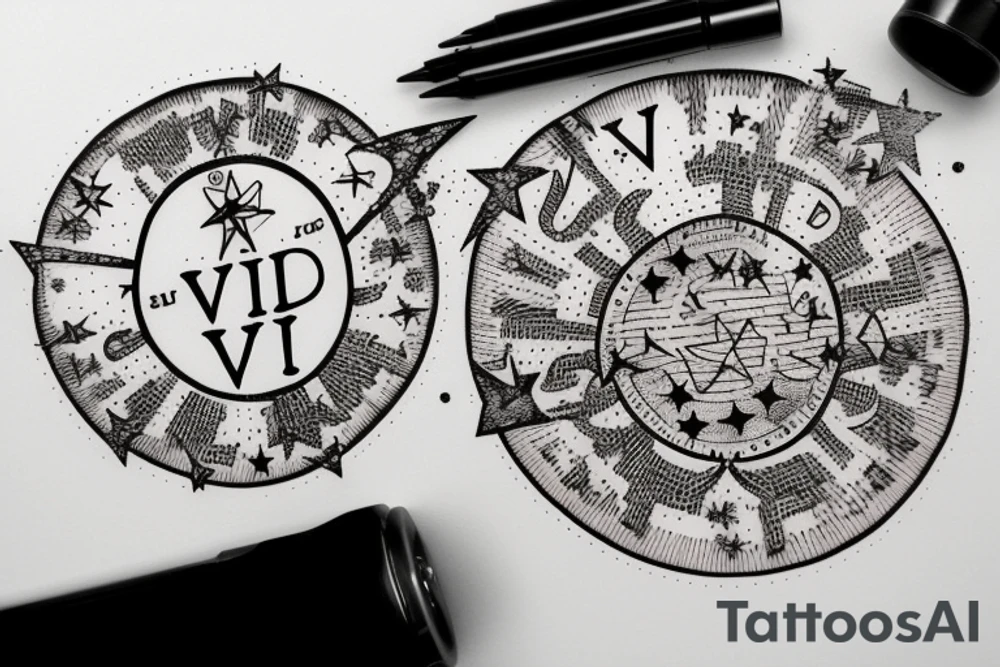 In typewriter font, quote "veni, vidi, vici" with stars and planets surrounding it tattoo idea