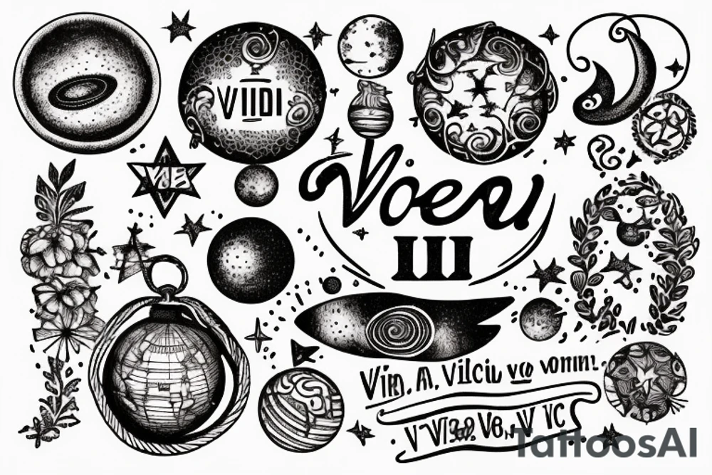 In typewriter font, quote "veni, vidi, vici" with stars and planets surrounding it tattoo idea