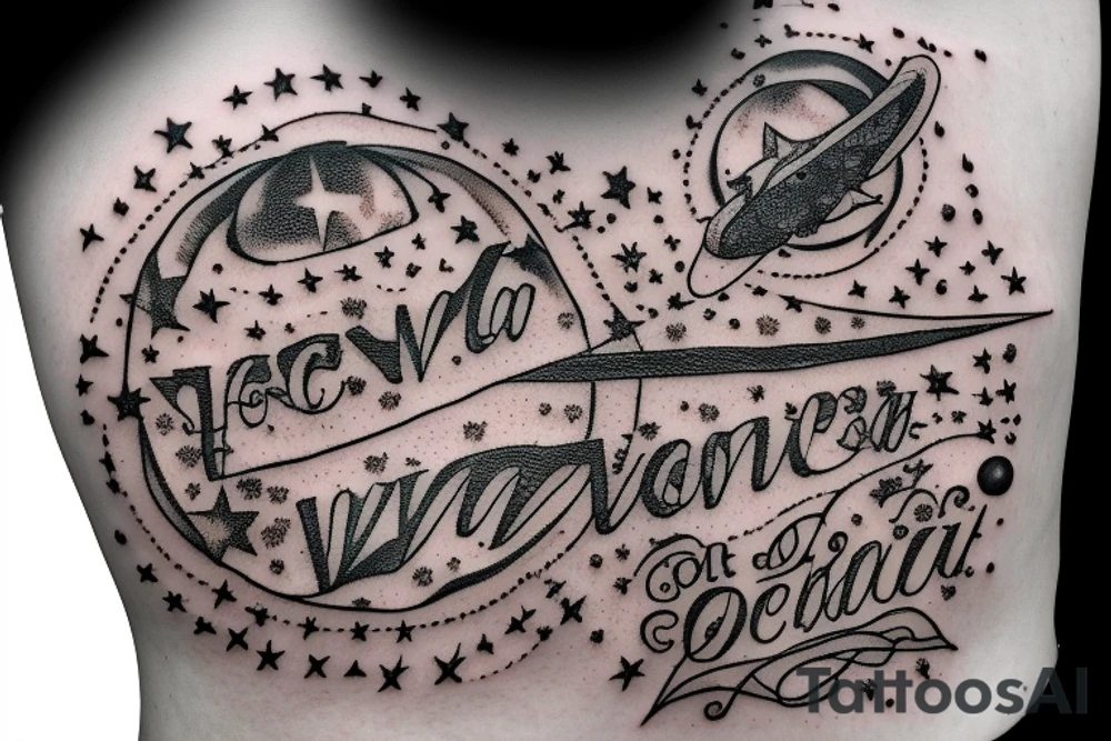 In typewriter font, quote "veni, vidi, vici" with stars and planets surrounding it tattoo idea