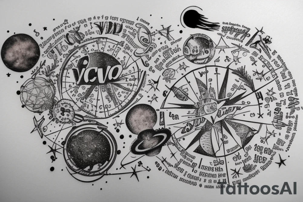 In typewriter font, quote "veni, vidi, vici" with stars and planets surrounding it tattoo idea