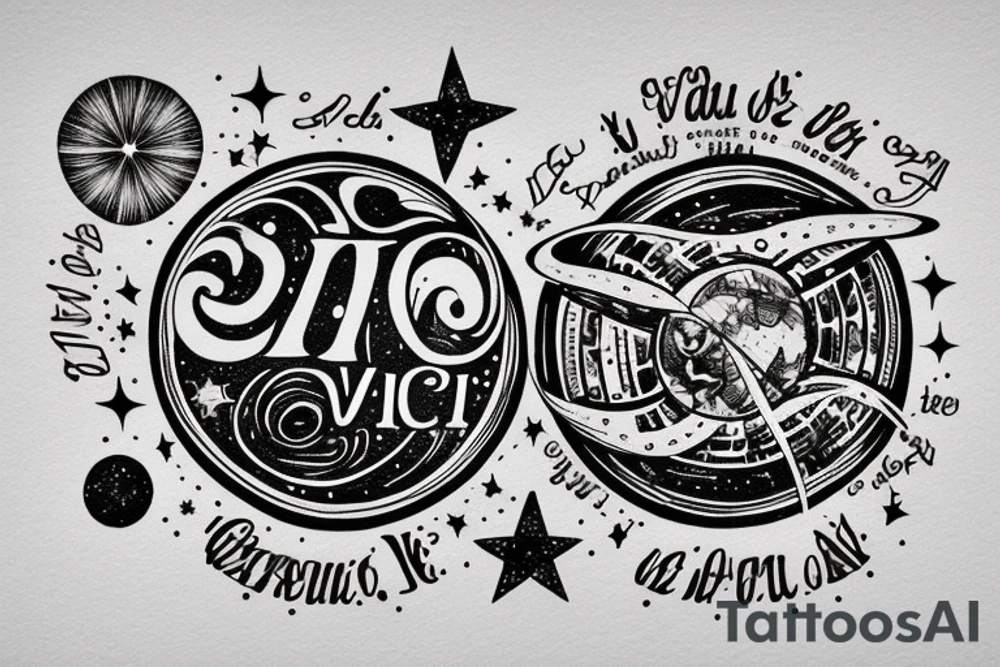 In typewriter font, quote "veni, vidi, vici" with stars and planets surrounding it tattoo idea