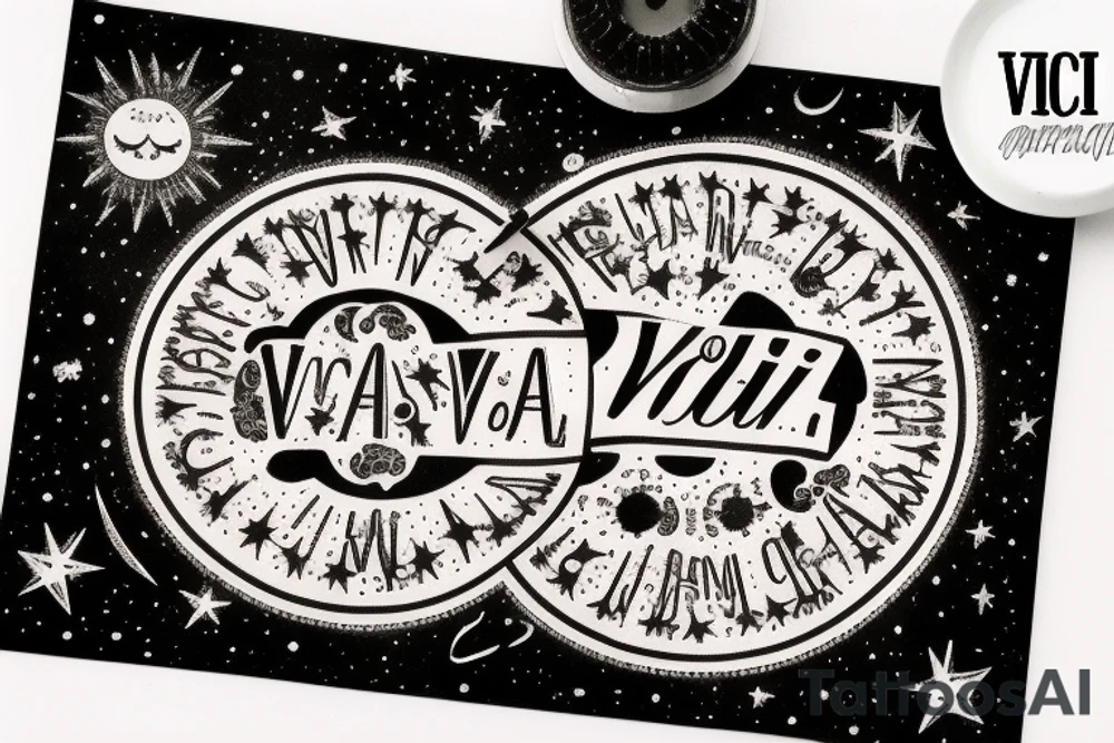 In typewriter font, quote "veni, vidi, vici" with stars and planets surrounding it tattoo idea
