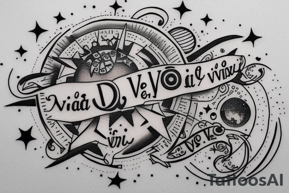 In typewriter font, quote "veni, vidi, vici" with stars and planets surrounding it tattoo idea