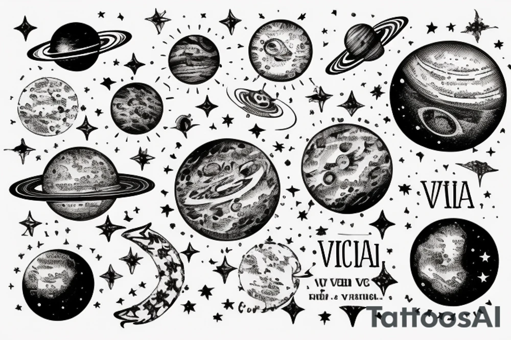 In typewriter font, quote "veni, vidi, vici" with stars and planets surrounding it tattoo idea