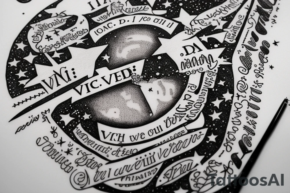In typewriter font, quote "veni, vidi, vici" with stars and planets surrounding it tattoo idea